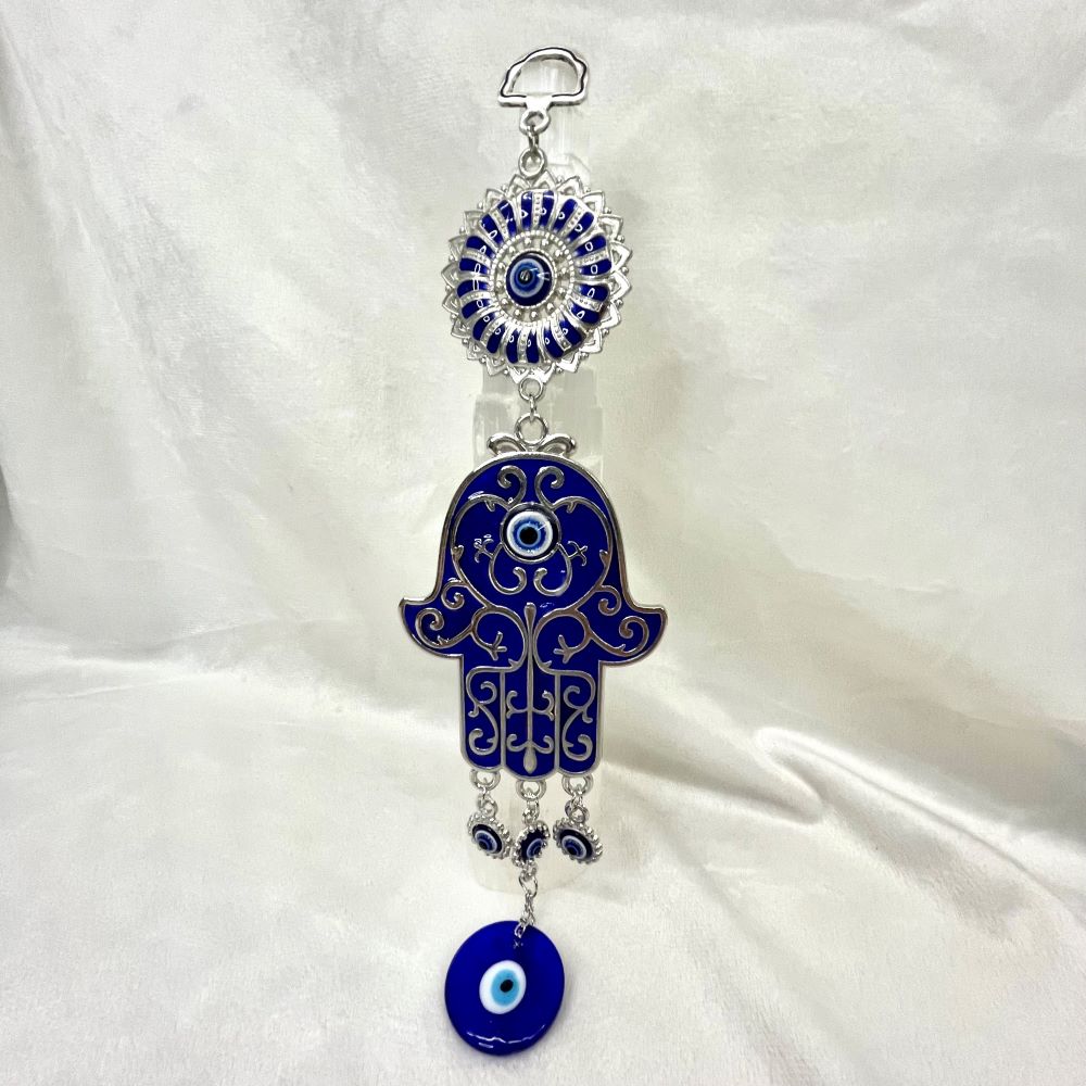 Blue hamsa hand plus glass evil eye drop charm hanging with mini evil eyes