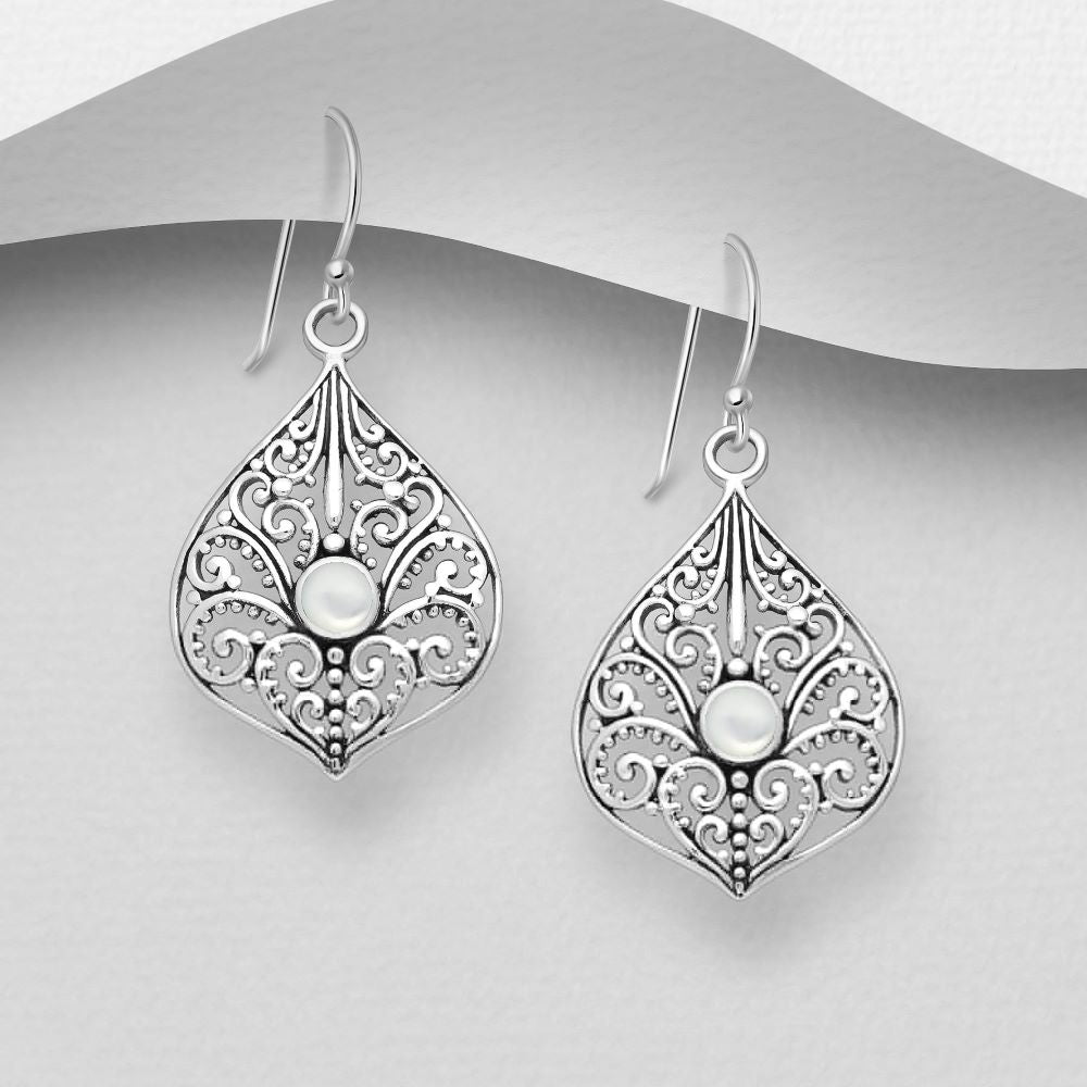 Mother of pearl shell filigree boho swirl sterling silver hook earrings in leaf shape