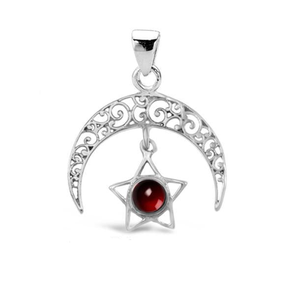 Garnet star crescent moon silver pendant Charms & Pendants The Crystal and Wellness Warehouse 