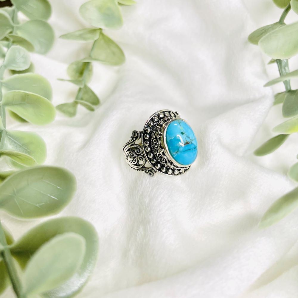 Oval turquoise boho swirl design sterling silver ring in large sizes