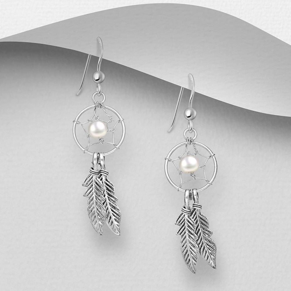 Dream catcher silver earrings with pearl