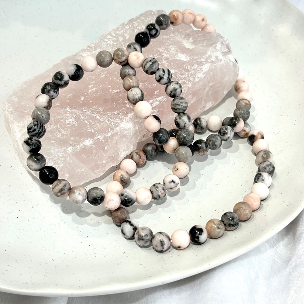 Pink and grey zebra jasper 6mm bead bracelet