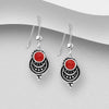 Red coral oxidised sterling silver round design boho gypsy hook style earrings