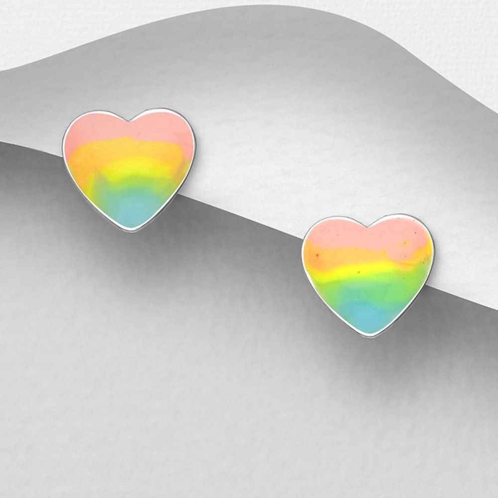 Enameled sterling silver studs with watercolour rainbow design